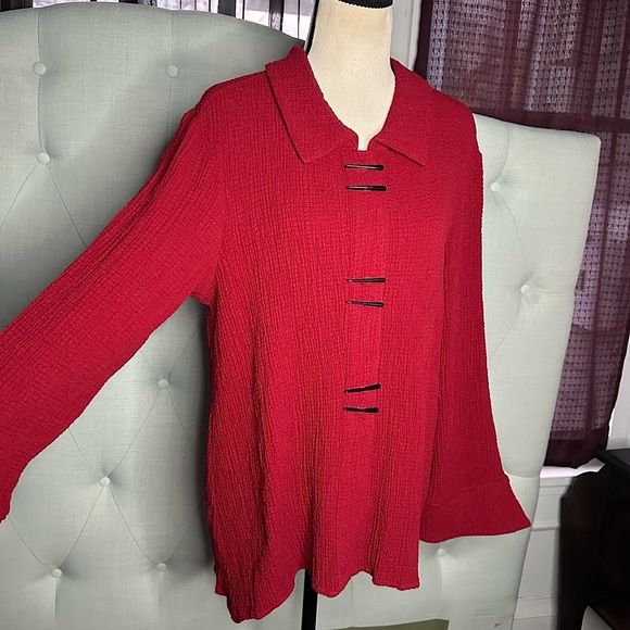 3/$20 💥 Indigo Moon Red Tunic Top Lagenlook Bell Sleeve Button Front Collared - Picture 6 of 16